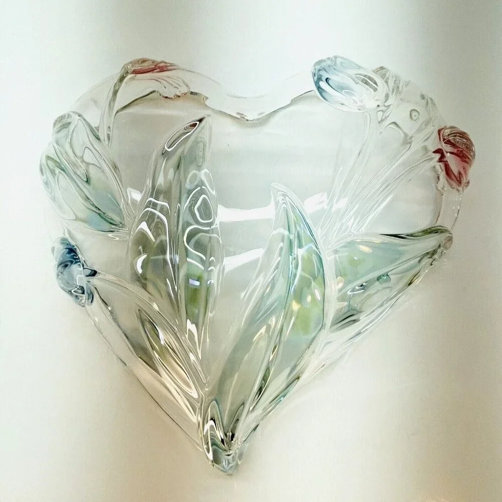 Mikasa Tivoli Crystal Serving Tray Heart Shaped W Blue Red Tulips Germany 9.5" - Picture 5 of 11